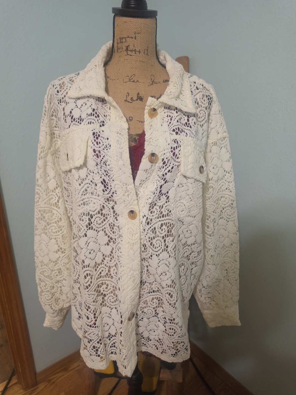 BiBi Cream Crochet Lace Button-Down Shirt